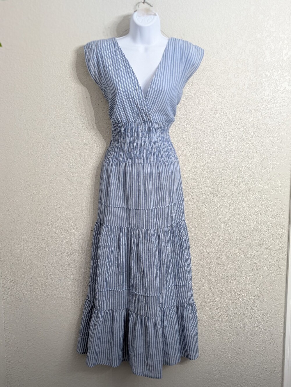 Felicite Cotton Blue White Striped Maxi Dress Size S Tiered Smocked Waist Summer